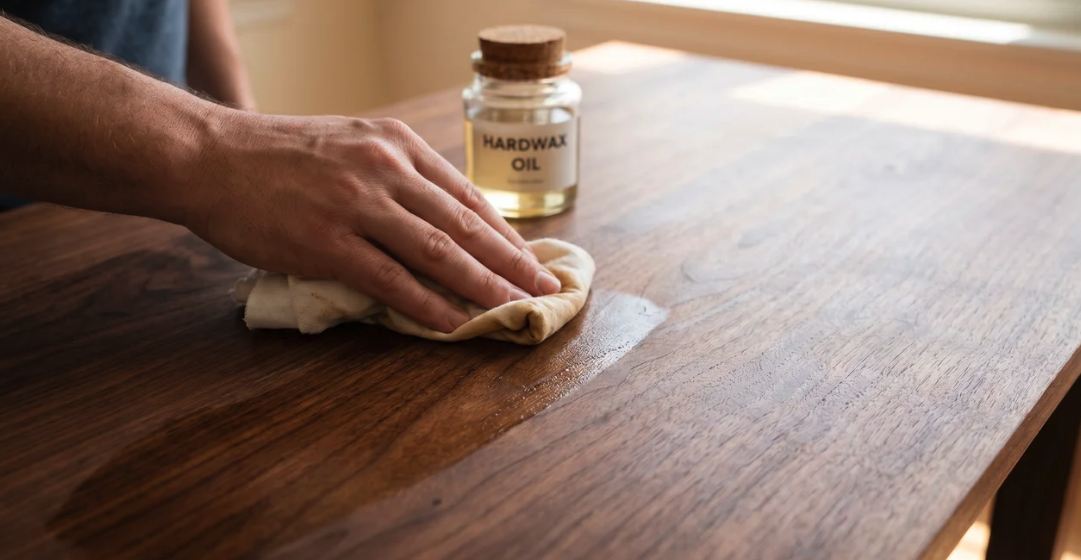 `A hand applying hardwax oil to a walnut tabletop with a soft cloth — routine care for handmade wood furniture.`