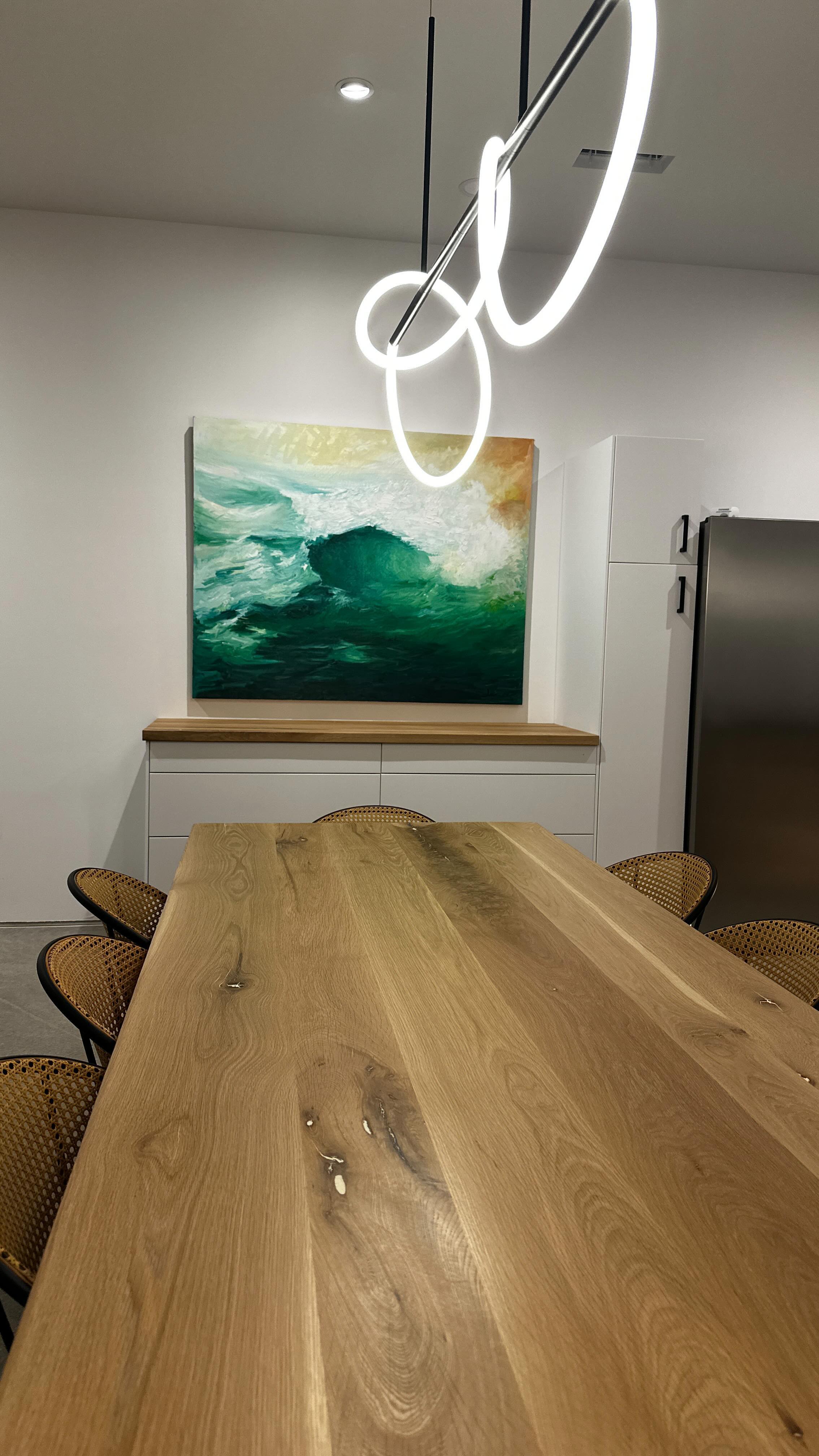 Rustic white oak top with negative circle V legs